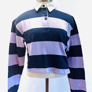 NWT SO Juniors Long Sleeve Pullover Collar Neck Striped Purple Crop Top Size XS